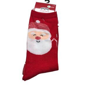 2 Pair Pack Holiday Time Women's Crew Socks Red Santa Face Shoe Size 4-10 New